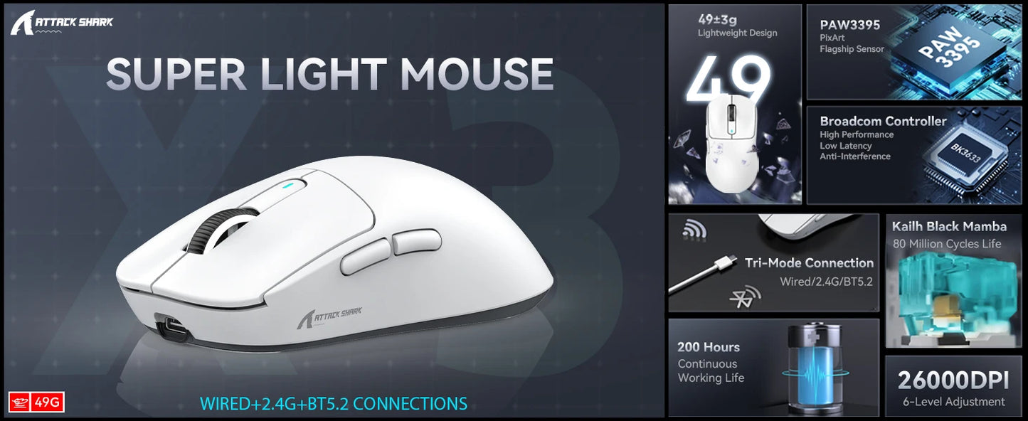ATTACK SHARK X3 Wireless Gaming Mouse, 49g Ergonomic PC Mouse, Triple Modes PAW3395 26K DPI Optical Sensor, Programmable Buttons