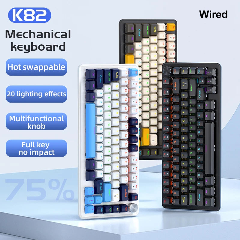 K82 75% Wired Mechanical Keyboard RGB Backlight, 82 KEY, Full Key Hot Swappable Blue Switch, Multifunctional Knob, Windows & Mac
