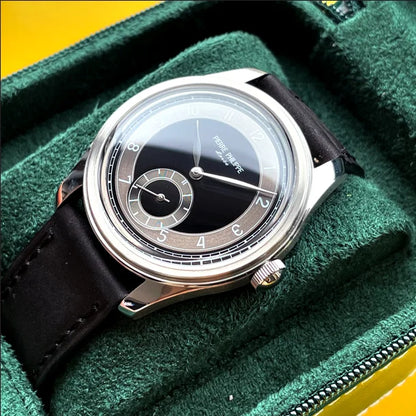 High-end Men's 38MM Watch Black Enamel Dial ST17 Manual Mechanical Watch Leather Waterproof