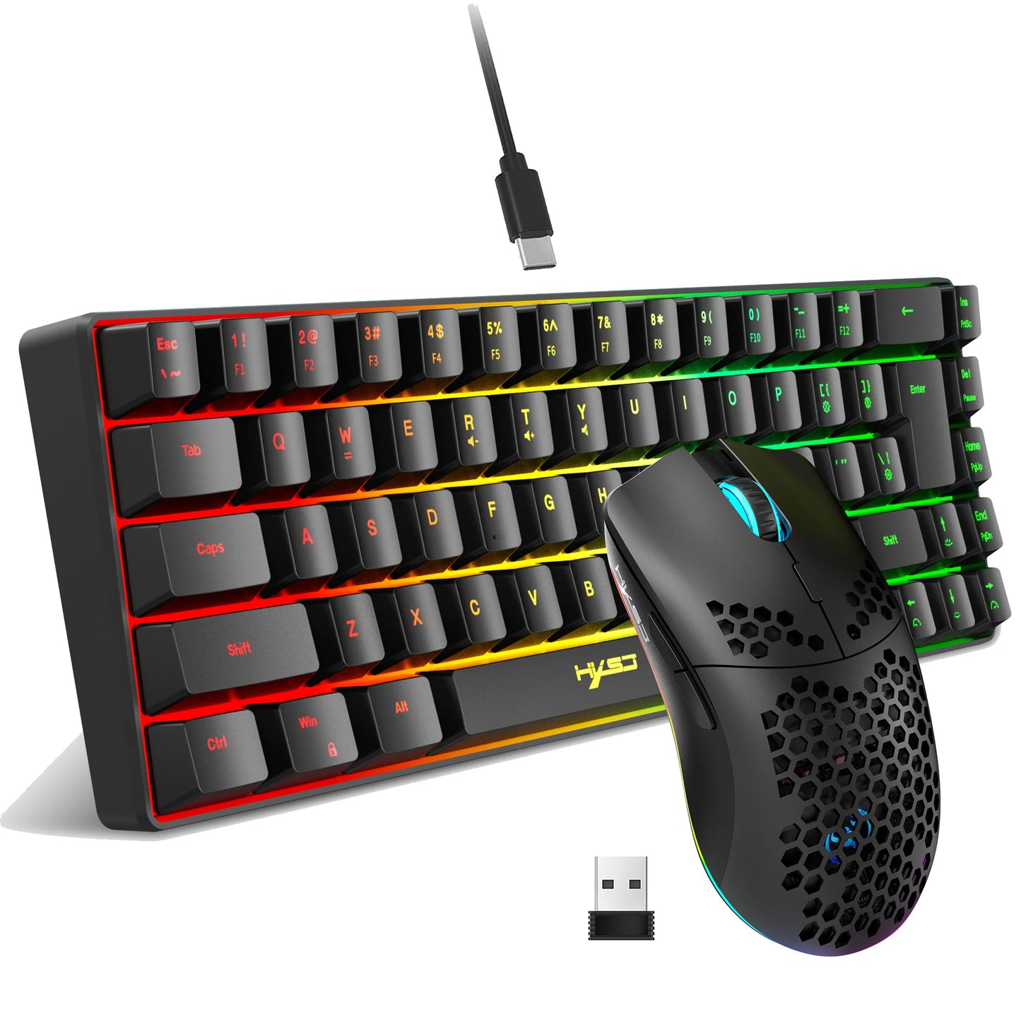 Portable HXSJ 60% RGB gaming keyboard and mouse set 68-key wired membrane keyboard 3-mode lightweight wireless mouse for PC Mac
