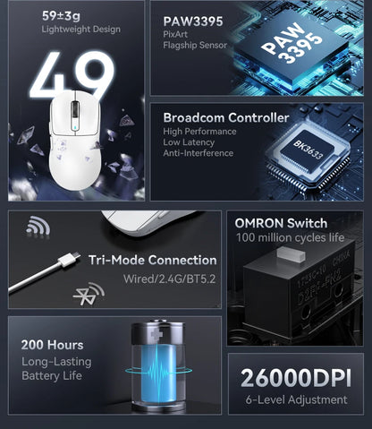 ATTACK SHARK X3/X3PRO 4K/8K bezdrôtová herná myš, 26K DPI, tri režimy pripojenia (káblové/2.4GHz/BT5.2), ľahká konštrukcia, senzor PAW3395 pre hráčov