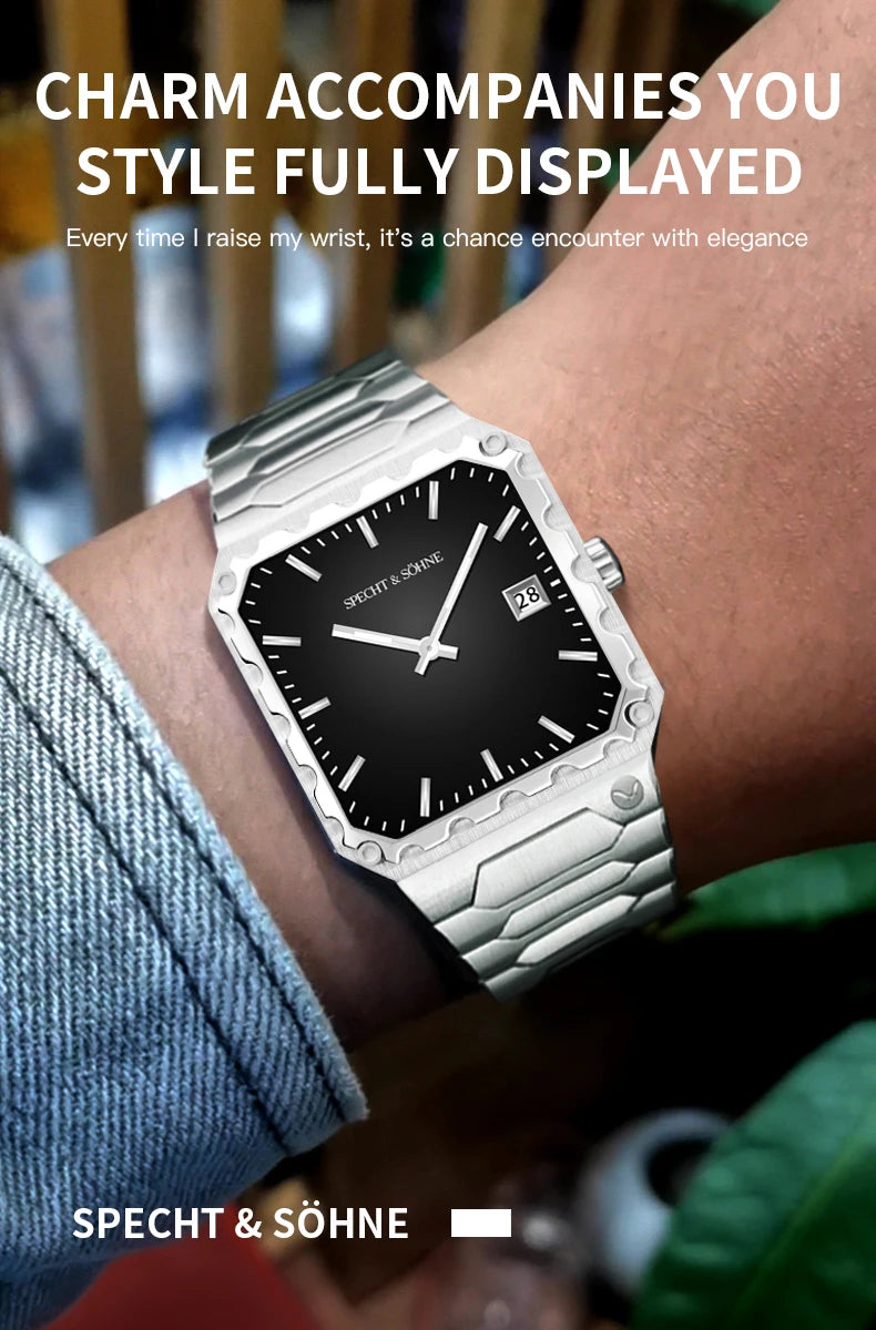Specht & Söhne New Luxury Square 222 Watch Waterproof Male Clock Luminous Sapphire Stainless Steel Blue Men Watch Reloj Hombre