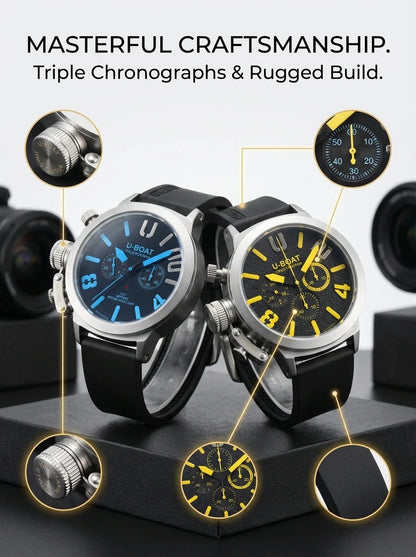 U-Boat Classico 1001 Style Men's Watch Big Dial Stainless Steel Case Rubber Band Luminous Waterproof 1001M Sports Wristwatch