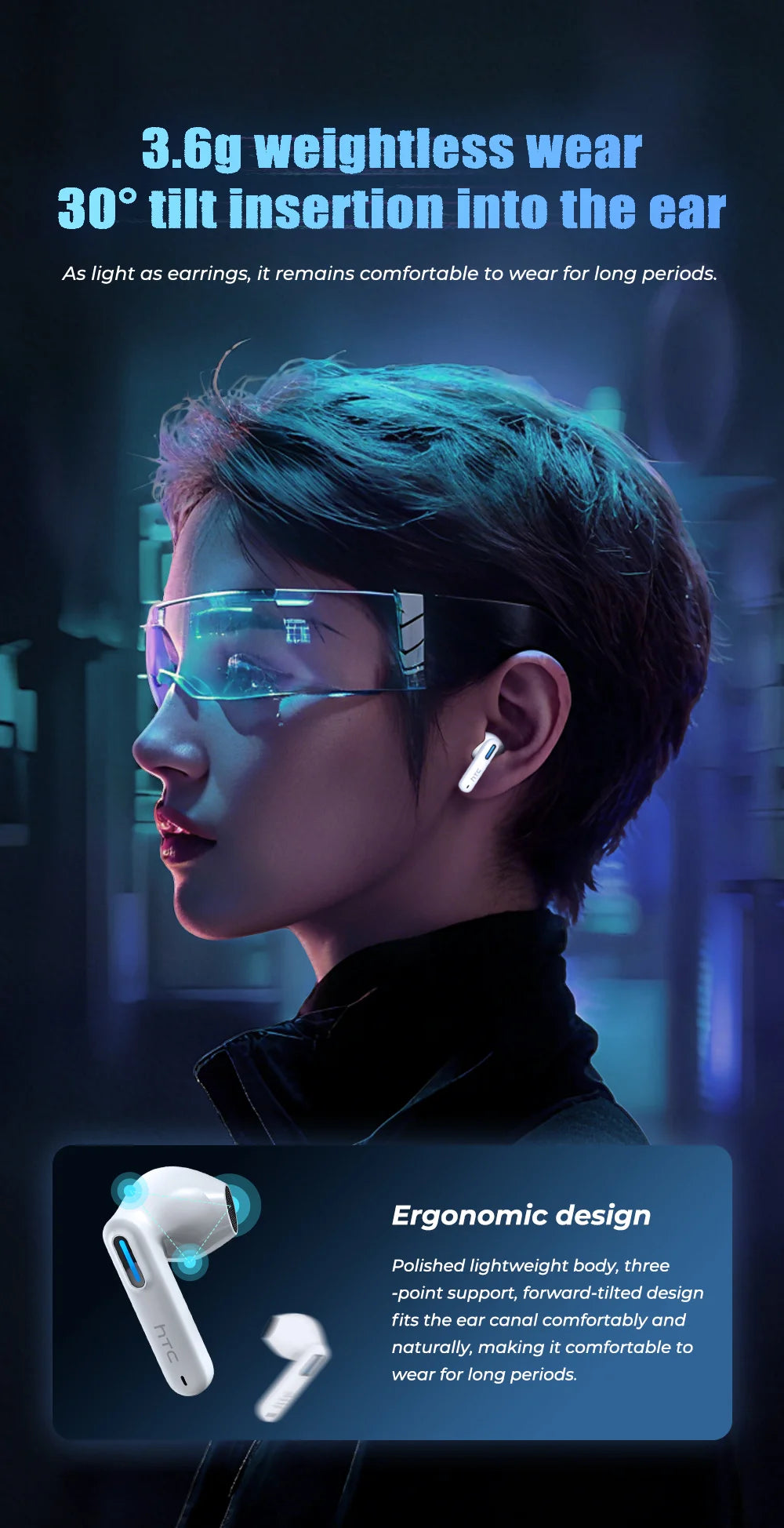HTC NE49 6.0 True Wireless Earbuds Gaming HiFi Deep Bass Lightweight Cool Design IPX5 Waterproof Choice