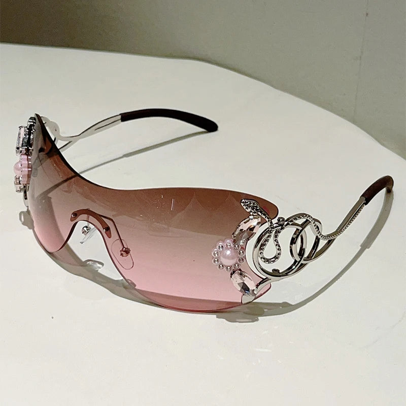 Ochelari de soare KAMMPT fără ramă Y2k cu strasuri, pentru femei, monobloc, pentru activități în aer liber, cu design la modă și lentile cu gradient