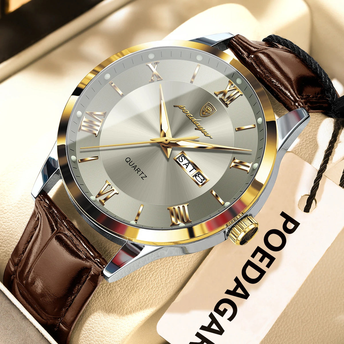 Trendige Herrenuhr von POEDAGAR, Lederarmband, Datums- und Wochentagsanzeige, luxuriöse Quarzuhr, wasserdicht, leuchtend, lässiger Business-Stil.