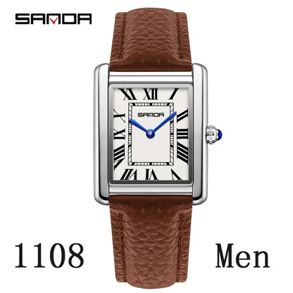 SANDA New Couple Tank Watches Wear Resistant Leather Strap Luxury Square Dial Waterproof Sports Casual Men Women Quartz Watches