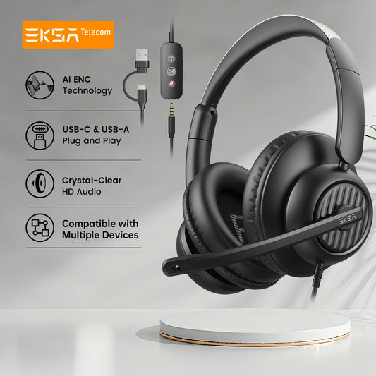 EKSA H8 Professional Office Headset with ENC Noise Cancelling Microphone – USB-A, USB-C & 3.5mm Wired Headphones for PC, Laptop & Mobile Phone