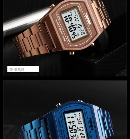 Skmei Unisex Digital Sport's Watches Stainless Steel Strap Led Waterproof 12/24 Hour Format Electronic Alarm Clock
