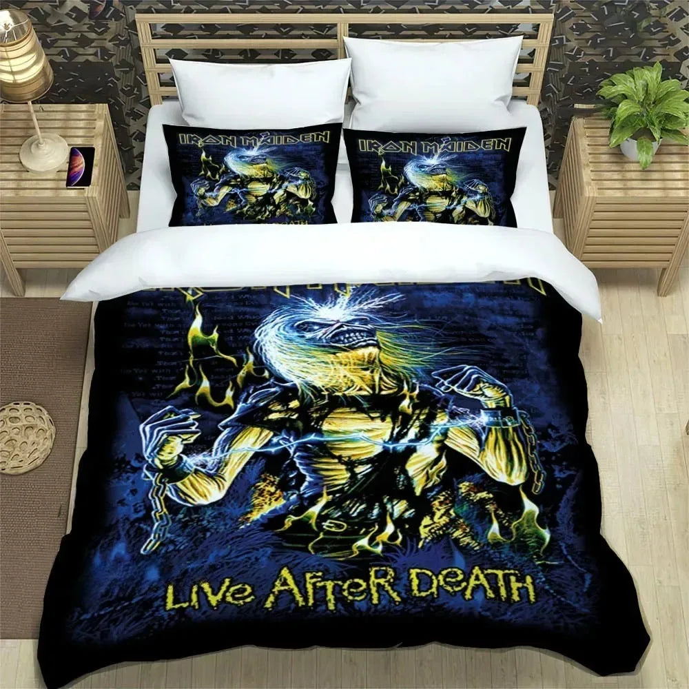 Set di biancheria da letto 3D Rock Band I-Iron-M-Maiden: raffinato set di biancheria da letto, composto da copripiumino, piumone e set completo, regalo di compleanno di lusso