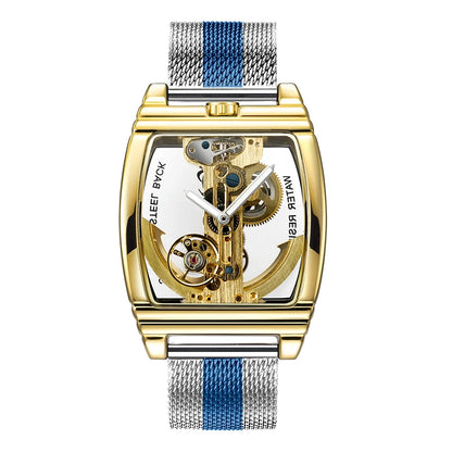 SHENHUA Mens Watches Top Brand Luxury Automatic Mechanical Transparent Skeleton Bridge Watch Leather Belt Wristwatch Male Clock