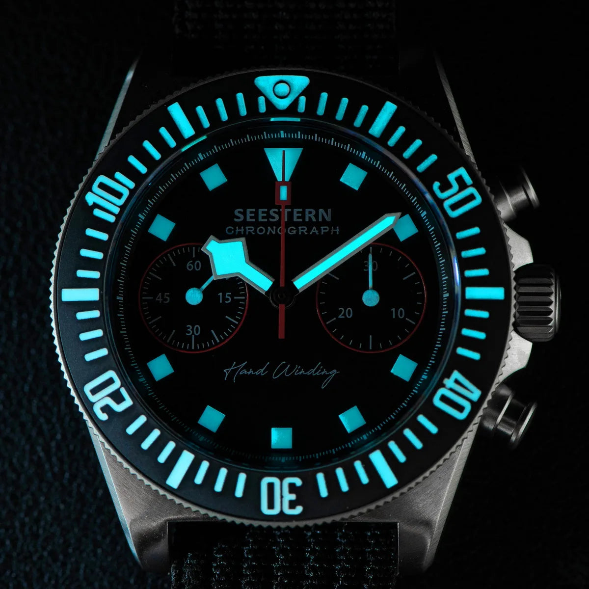 SEESTERN Chronograph Herren-Mechanikuhr Tianjin ST1901 Uhrwerk Saphirglas-Armbanduhr mit Nylon-Klettarmband, Leuchtzeigern und Skelettdesign