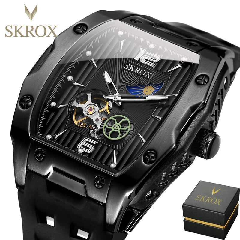 SKROX Designer Luxury Moon Phase Toubillon Automatic Movement Mechanical Clock High Quality Waterproof Silicone Men's Watches