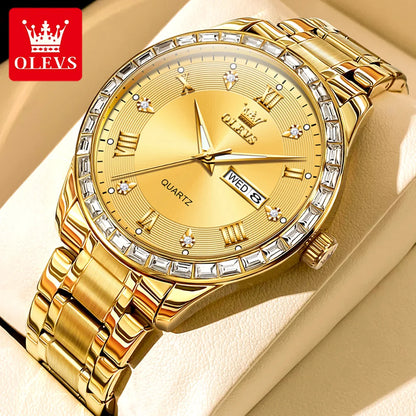 Relógio de quartzo para homem OLEVS 9906, modelo quadrado adornado com diamantes, bracelete em aço inoxidável, estanque, com calendário duplo; um relógio de pulso de luxo, original, ideal para o ambiente profissional.