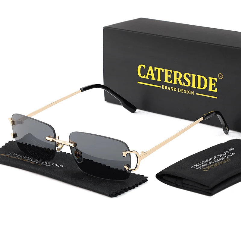 CATERSIDE Ochelari de soare dreptunghiulari albaștri pentru bărbați, ochelari de soare pătrați fără ramă din metal, la modă, pentru femei, cu lentile degradate, ochelari de exterior, UV400