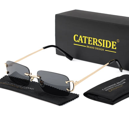 CATERSIDE Ochelari de soare dreptunghiulari albaștri pentru bărbați, ochelari de soare pătrați fără ramă din metal, la modă, pentru femei, cu lentile degradate, ochelari de exterior, UV400