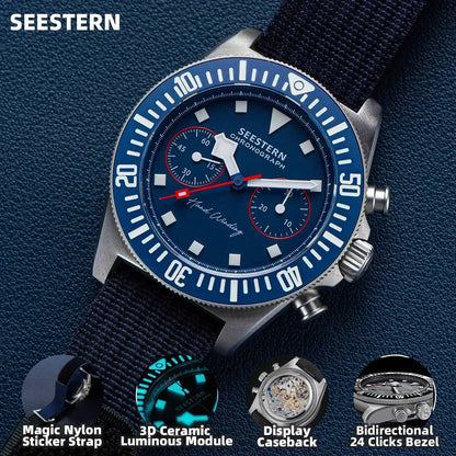 SEESTERN Chronograph Herren-Mechanikuhr Tianjin ST1901 Uhrwerk Saphirglas-Armbanduhr mit Nylon-Klettarmband, Leuchtzeigern und Skelettdesign