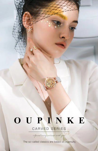 OUPINKE 3175 Women Watches Luxury Elegant Skeleton Automatic Mechanical Watches For Woman 50M Waterproof Bracelet Necklace Set