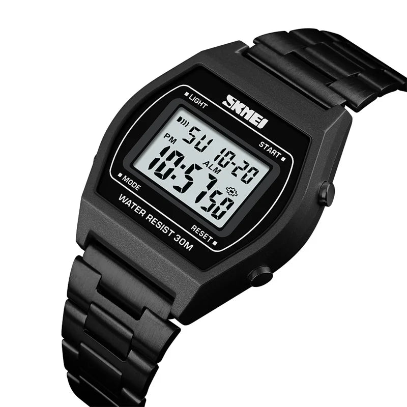 Skmei Unisex Digital Sport's Watches Stainless Steel Strap Led Waterproof 12/24 Hour Format Electronic Alarm Clock
