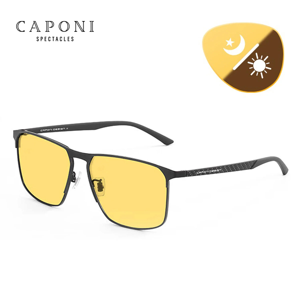 CAPONI Ochelari de soare cu vedere nocturnă de calitate superioară pentru bărbați și femei, ramă din fibră de carbon, ochelari pătrați, lentile UV400, ochelari de protecție BSYS28964