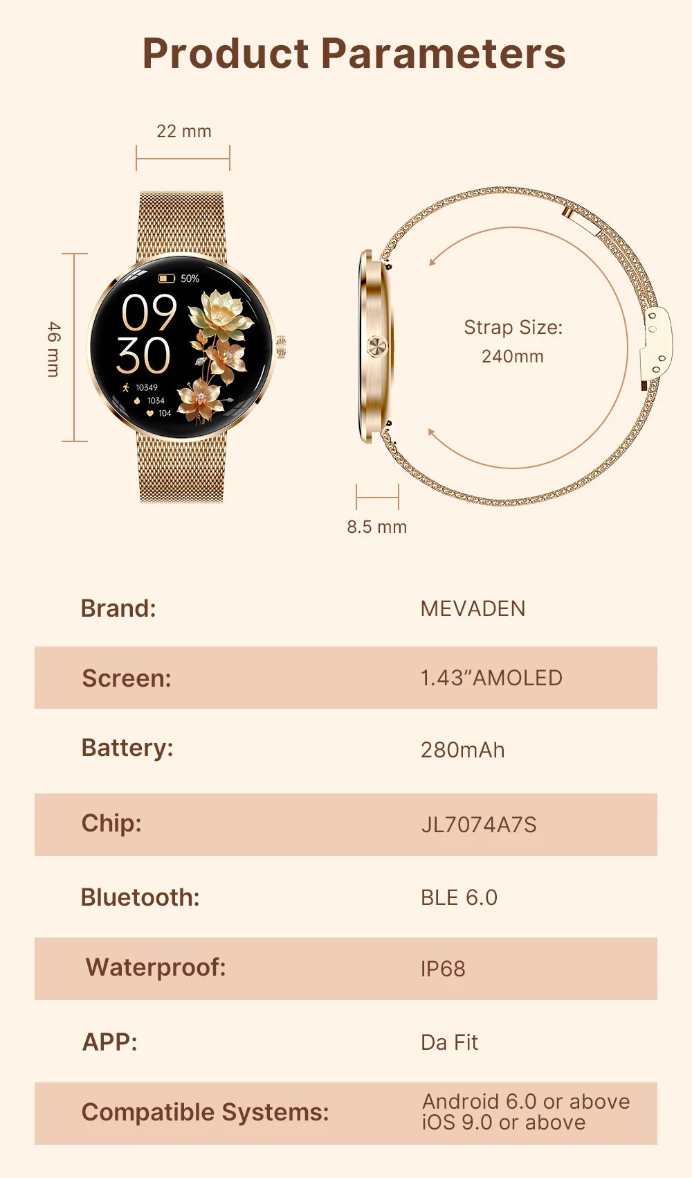 MEVADEN 8.5mm Ultra-thin Luxury Stainless Steel Smart Watch Women 1.43" AMOLED HD Screen Health Monitor Sport Smartwatch H33