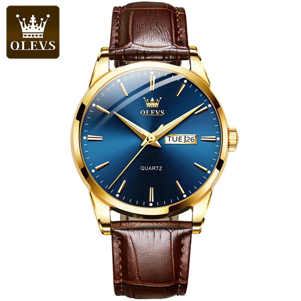 OLEVS kvartsarmbandsur för män – Lyxig och elegant stil, läderarmband, datum- och veckodagsvisning, vattentätt, perfekt för arbetet