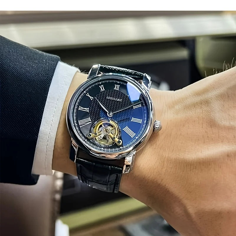 Mekanisk automatisk herrklocka – Elegant skelettdesign, trendig ”business casual”-stil, boett i legering och läderarmband, utan batteri