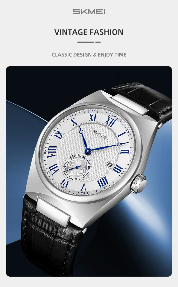 SKMEI 9390 Elegant Men's Quartz Watch Roman Scale Calendar Waterproof Leather Strap Casual Business Watches for Man Reloj Hombre