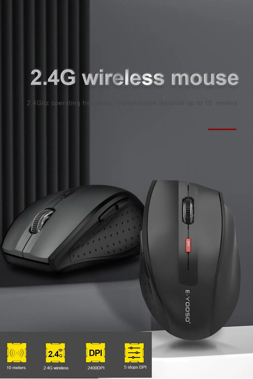 E-YOOSO E-1010 USB 2.4G bezdrôtová herná a kancelárska myš, 2400 DPI, optická ergonomická myš na hranie pre notebook a PC