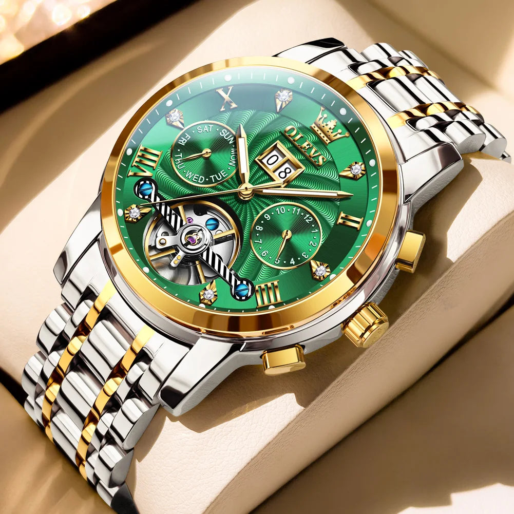 OLEVS Men's Watches 9910 Luxury Fashion Original Automatic Mechanical Watch for Man Waterproof Luminous Hollowed Out Movement