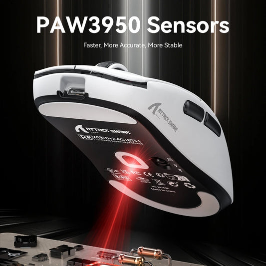 Mouse gaming Attack Shark R6 ultra leggero 38g, wireless PAW3950 con frequenza di polling 8K, Nordic 52840, 24000DPI, tri-mode