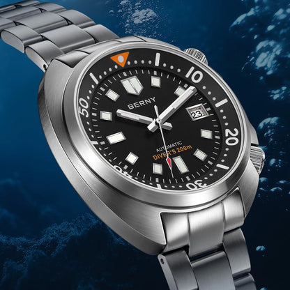BERNY Automatic Dual Crown Diver Watch For Men Super Luminous Miyota 8215 Sapphire Swim Sport 20ATM Mechanical Men's Dive Watch