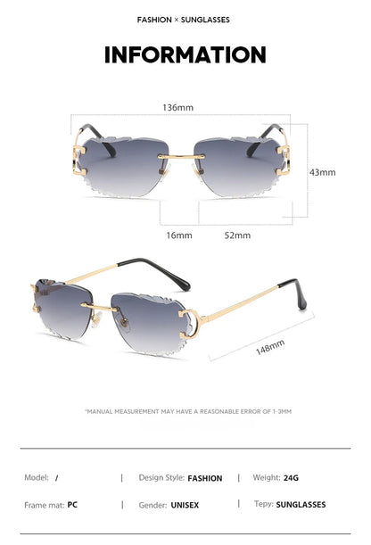 Ochelari de soare retro pentru femei, de marcă, de designer, fără ramă, ochelari de soare la modă, cu lentile tăiate neregulat, ochelari de vedere fără ramă pentru doamne