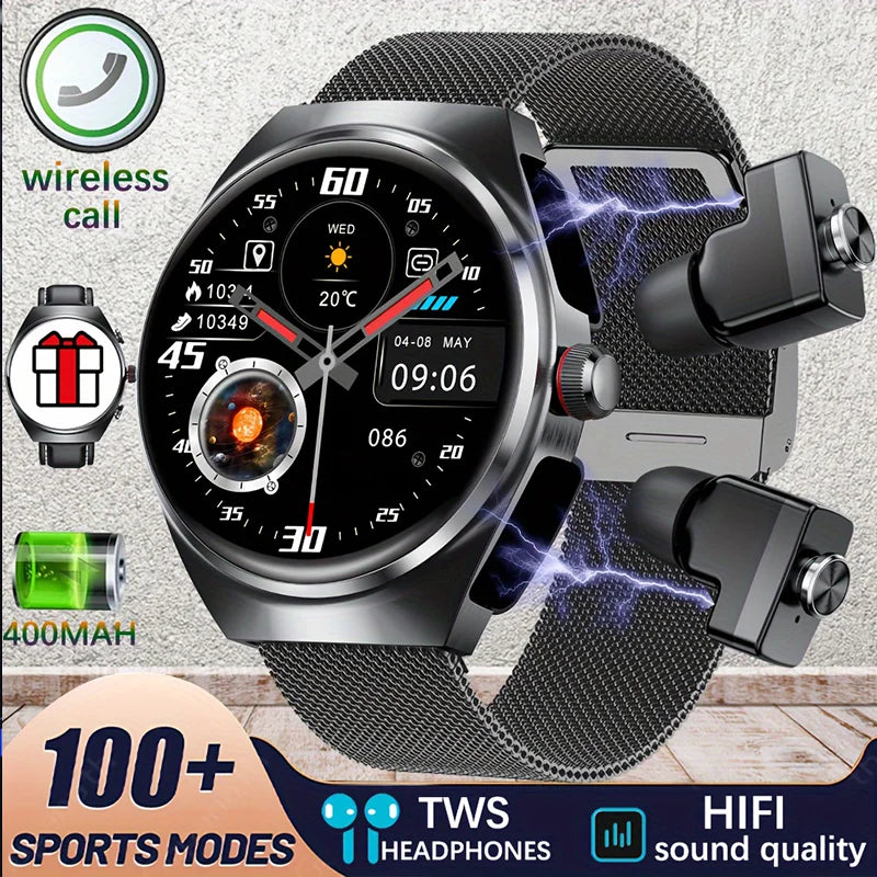 2026 New Smart Watch 2 in 1 With Earphone Smartwatch Bluetooth Call Men Watch Track Heart Rate Monitor Play Music SmartWatch