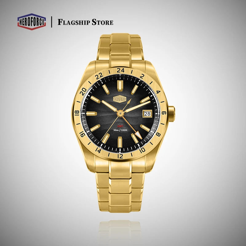 HEROFORCE Quality Original GMT Men Clock Waterproof Luminous Date Luxury Man Watch Stainless Steel Quartz Men's Watches Male