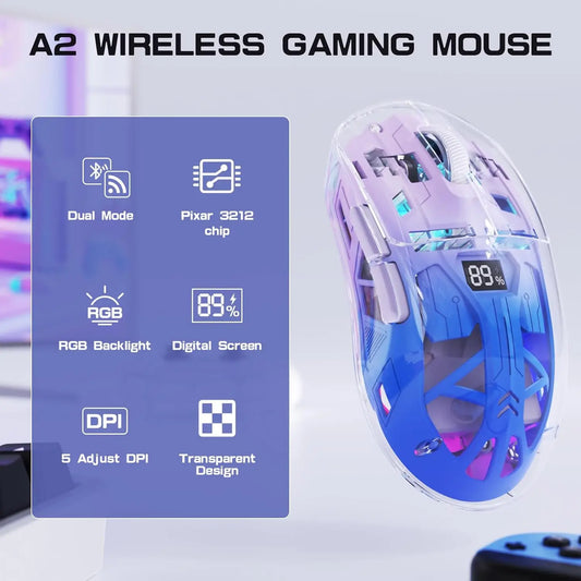 A2 przezroczysta bezprzewodowa mysz gamingowa, BT 5.0/2.4G, ładowalna mysz RGB do PC z ekranem cyfrowym, PixArt 3212, 5 regulowanych poziomów DPI