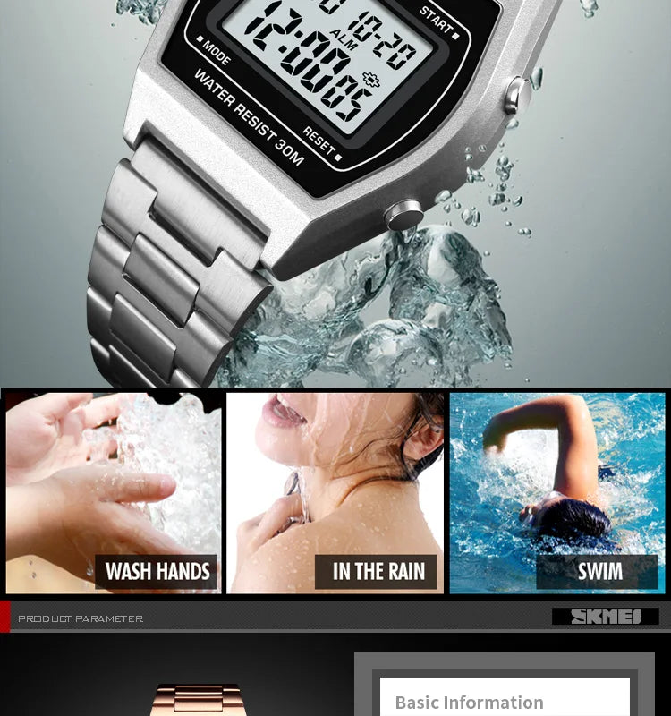 Skmei Unisex Digital Sport's Watches Stainless Steel Strap Led Waterproof 12/24 Hour Format Electronic Alarm Clock
