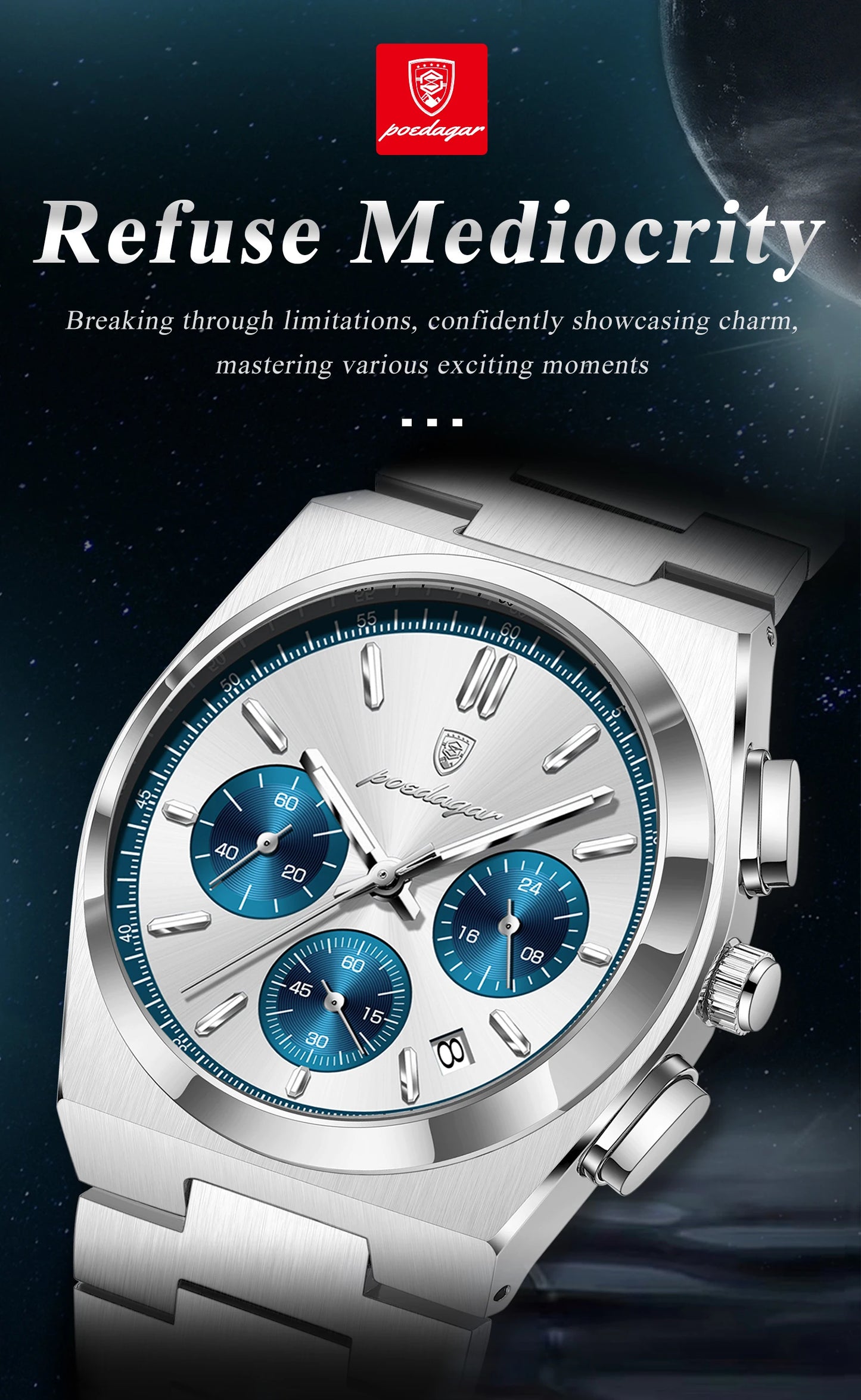 POEDAGAR Fashion Men's Wristwatch Chronograph Date Stainless Steel Quartz Man Clock Waterproof Luminous Business Watches For Men