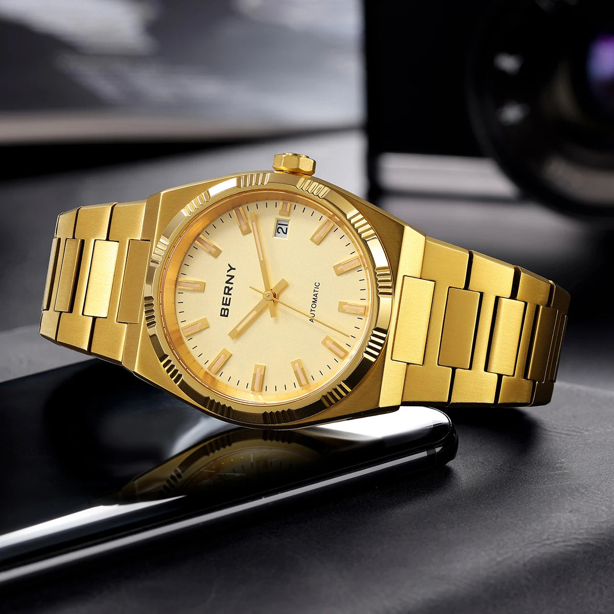 Relógio automático para homem BERNY, dourado, vidro de safira, ponteiros luminescentes, 100 % original, equipado com um movimento PT5000, revestimento antirreflexo, modelo de luxo com luneta intercambiável, estanque até 5 ATM.