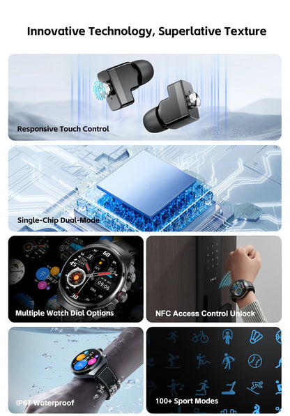 2026 New Smart Watch 2 in 1 With Earphone Smartwatch Bluetooth Call Men Watch Track Heart Rate Monitor Play Music SmartWatch
