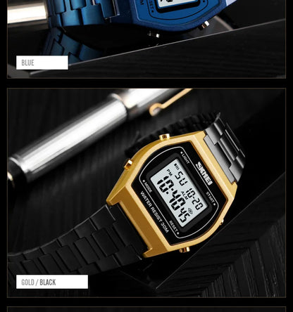 Skmei Unisex Digital Sport's Watches Stainless Steel Strap Led Waterproof 12/24 Hour Format Electronic Alarm Clock