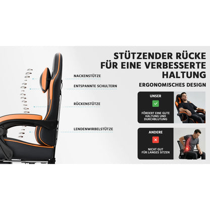 Gaming Chair Ergonomic Gaming Armchair with Lumbar Support, Breathable Pu Leather Office Chair, Comfortable Computer Chair, Load Capacity 200kg, Adjustable Seat Height and Backrest, Black-Orange