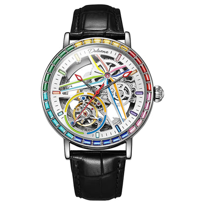 Reloj esqueleto para hombre, de estilo moderno, adornado con piedras preciosas de los colores del arcoíris y dotado de un tourbillon; reloj mecánico automático de lujo, hermético hasta 30 metros.