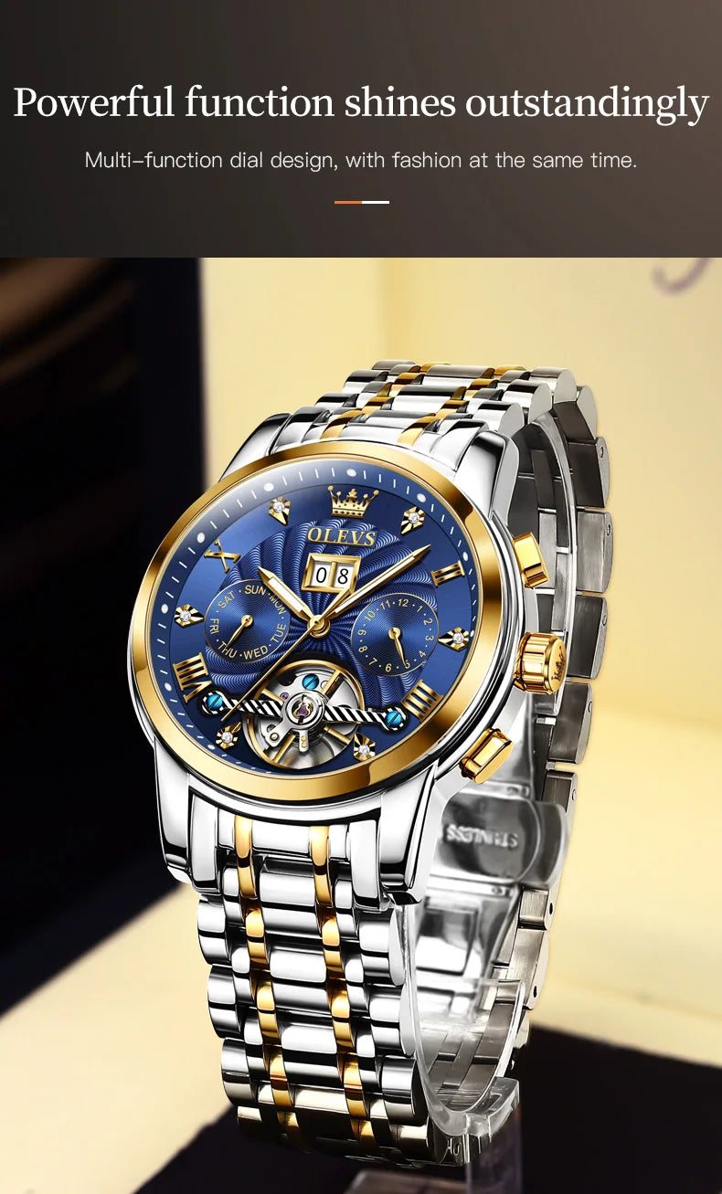 OLEVS 9910 Original Men's Automatic Mechanical Watch Luxury Skeleton Stainless steel Waterproof Luminous Watches