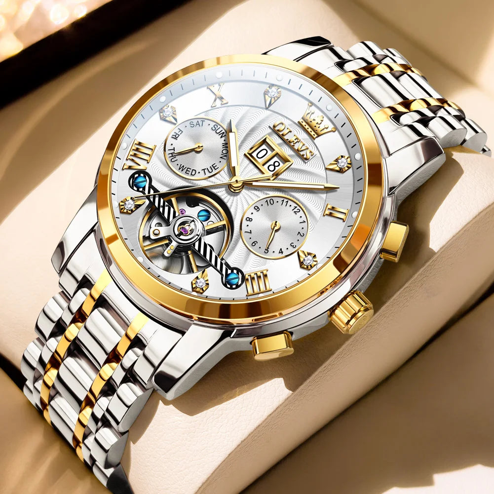 OLEVS Men's Watches 9910 Luxury Fashion Original Automatic Mechanical Watch for Man Waterproof Luminous Hollowed Out Movement