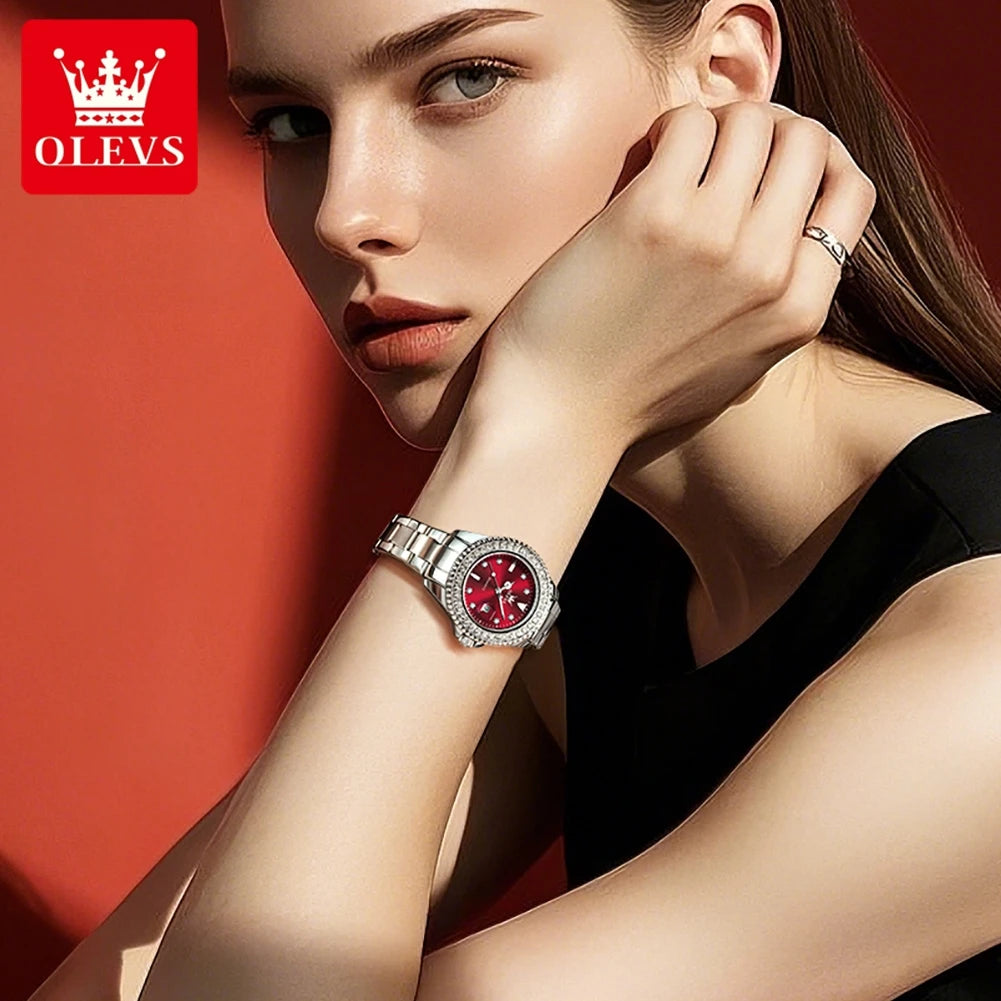 OLEVS 9945 Original Diamond Quartz Watch for Women Luxury Elegant Ladies Watches Stainless Steel Waterproof Women's Wristwatches