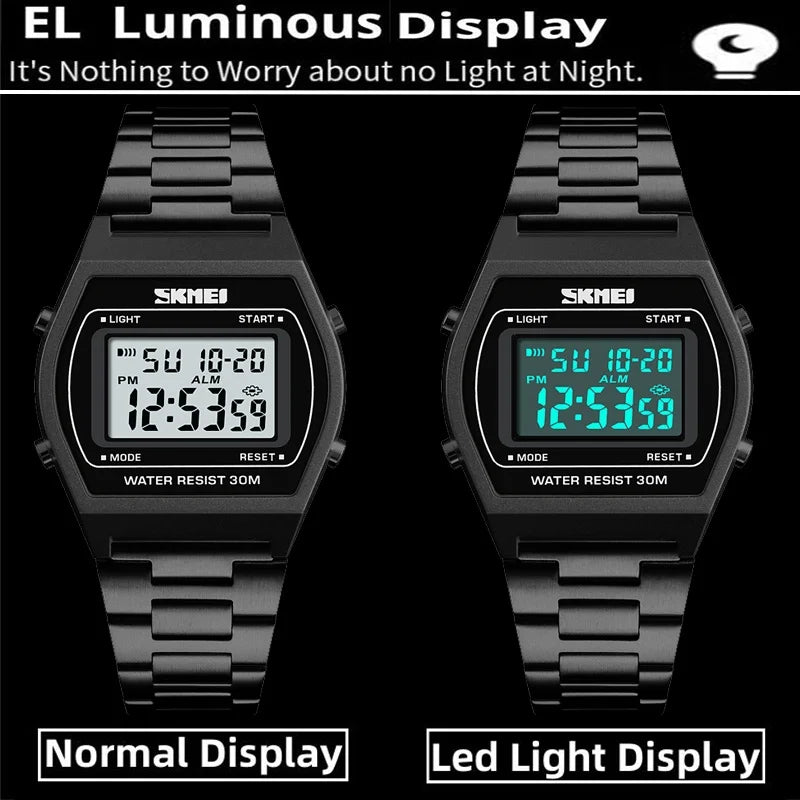 Skmei Unisex Digital Sport's Watches Stainless Steel Strap Led Waterproof 12/24 Hour Format Electronic Alarm Clock