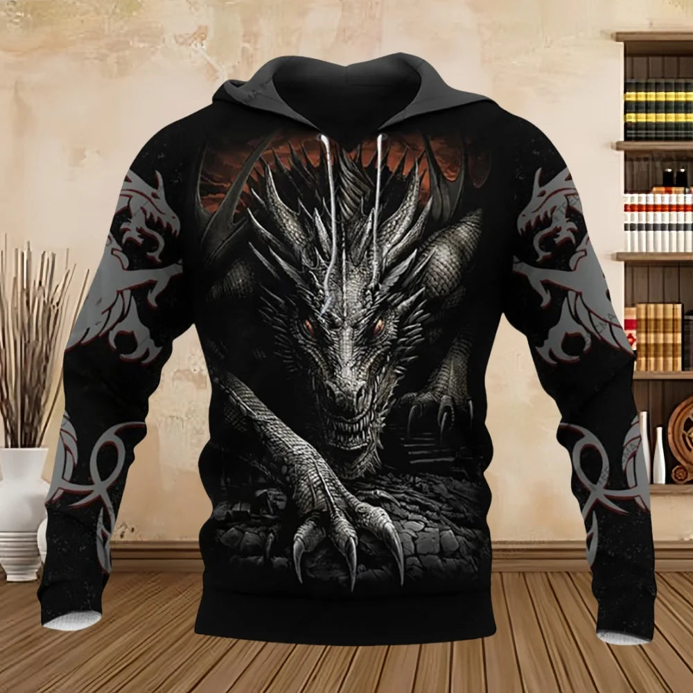 Sudadera con capucha unisex de manga larga para primavera y otoño, con estampado 3D de dragón estilo tatuaje, estilo streetwear casual para hombre