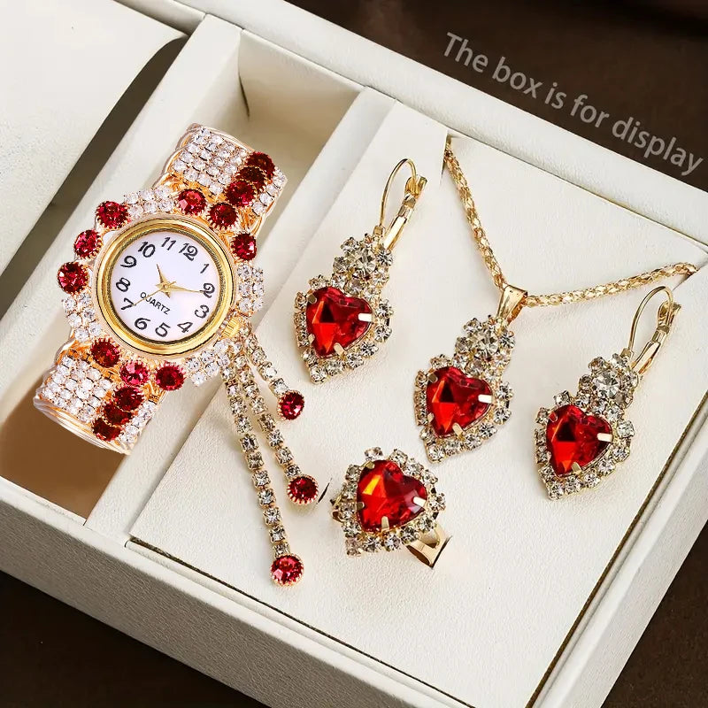 5PCS Luxury Rhinestone Women Watches Jewelry Set Fashion Adjustable Bangle Ladies Quartz Wristwatch Reloj Mujer（Without Box）