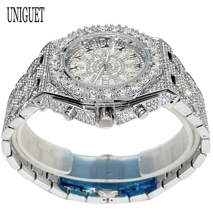 UNIGUET Hip Hop Wristwatch For Men Luxury lce Out Full Diamond Watches Fashion Green Watch Waterproof Clock Man 2026 Hot Sale